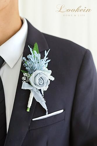 Miniatura 3 de Lookein Juego de 6 flores artificiales de color azul polvoriento para hombre, para boda, novio, solapa, padrinos de boda, ceremonia, aniversario,