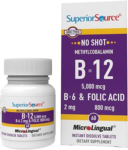 Superior Source No Shot Vitamina B12 Metilcobalamina (5000 mcg), B6, ácido fólico, tabletas sublinguales de disolución rápida, 60 unidades, aumenta