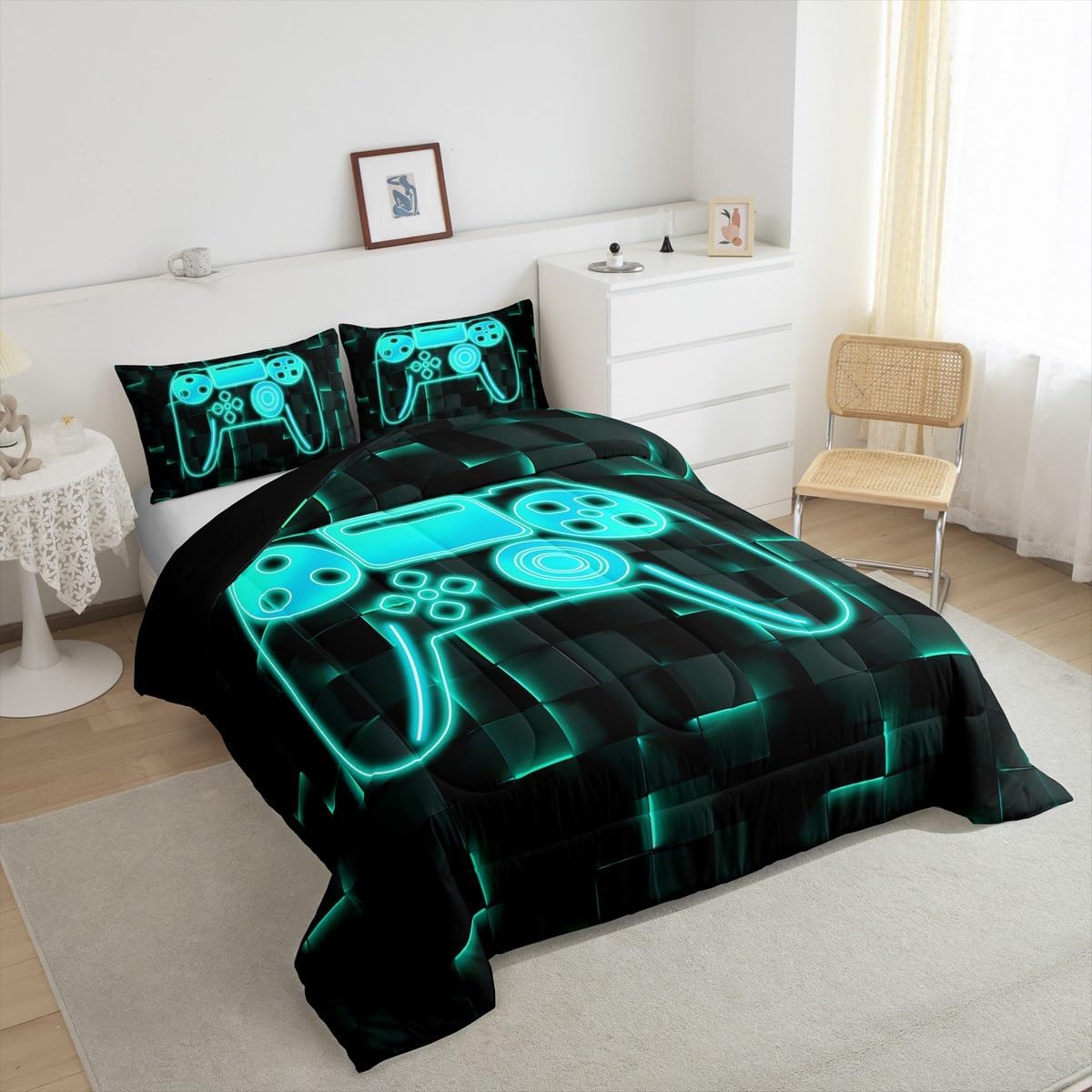 Erosebridal Gamer Toddler Bedding Set for Boys,Video Game Console Bed Set for Boys Girls Kids,Teal and Black Gamer Quilt Bed Set,3D Geometric Duvet Insert Gaming Room Decor,1 Pillowcase Ultra Soft