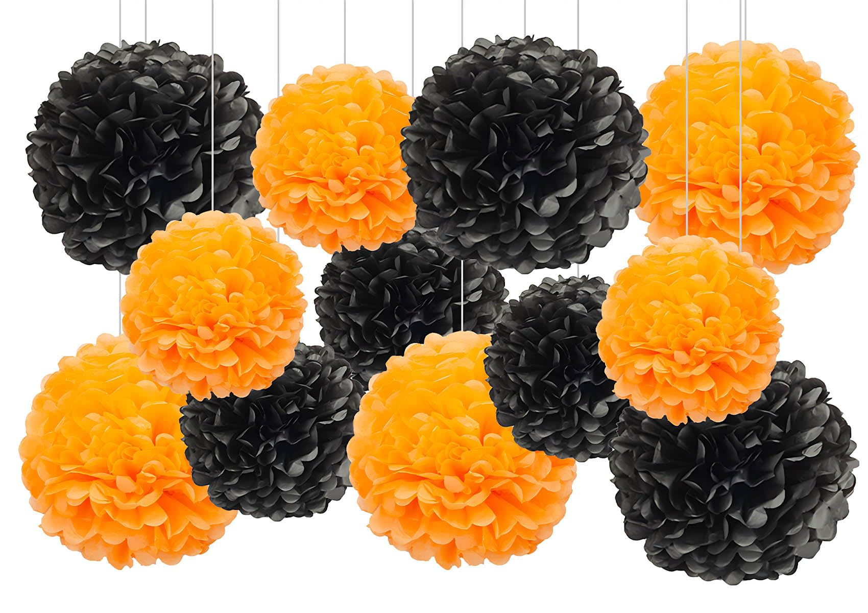12Pcs Orange Black Hanging Tissue Paper Pom Poms,Pompoms Flowers for Ceiling Party Decorations