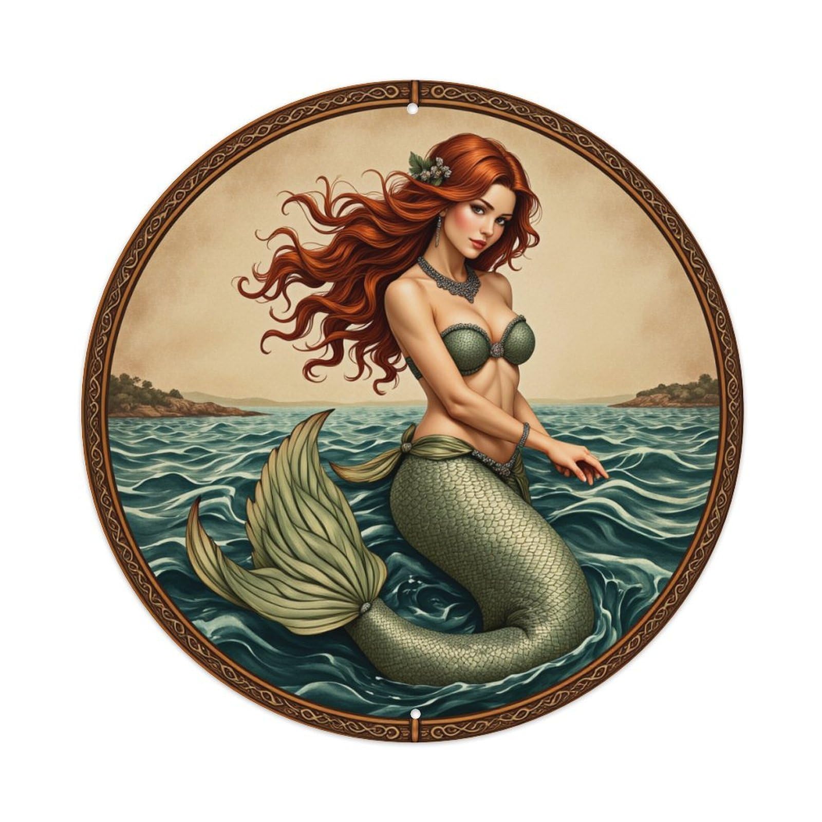 Mermaid With Red Hair And Green Tail Round Tin Sign Vintage Metal Poster, Home Bar Garage Man Cave Cafe Indoor & Outdoor Wall Decoration 8x8Inches