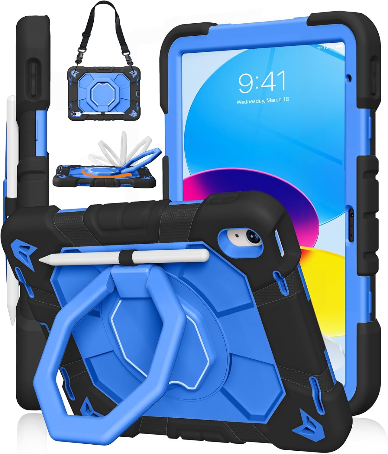 JKSML Case for iPad (A16) 11th/10th Gen | 360° Rugged Rotating Stand | Pencil Holder | Adjustable Shoulder Strap | Heavy Duty Drop Protective Cover for iPad 10.9" (2022)/ 11" (2025) - Black
