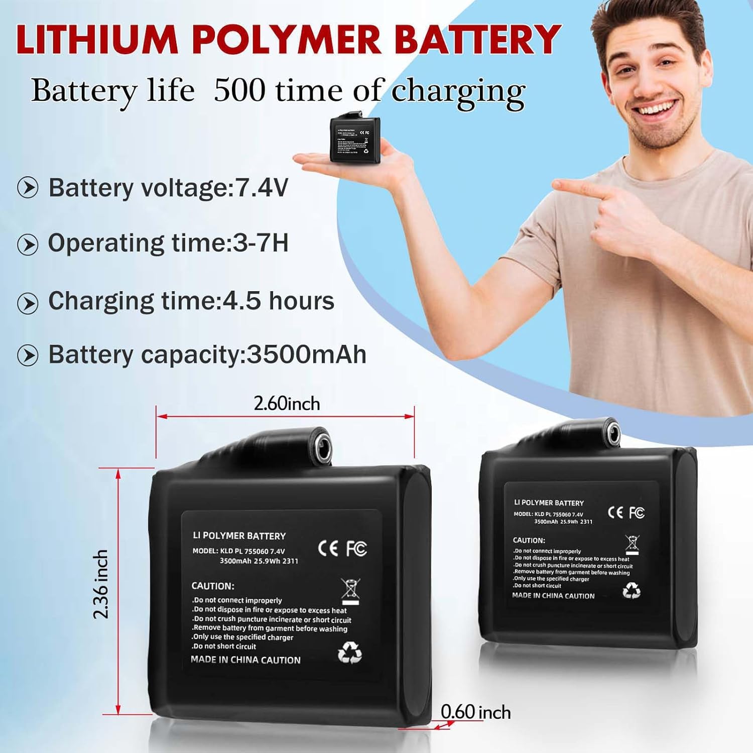 7.4V 3500mAh Lithium Polymer Batteries - 2pcs Rechargeable Li-Polymer Electric Batteries for Heated Gloves Socks Hats Jacks. Support Female DC Jack, Temperature, Short Circuit & Overcharge Protection - Image 4