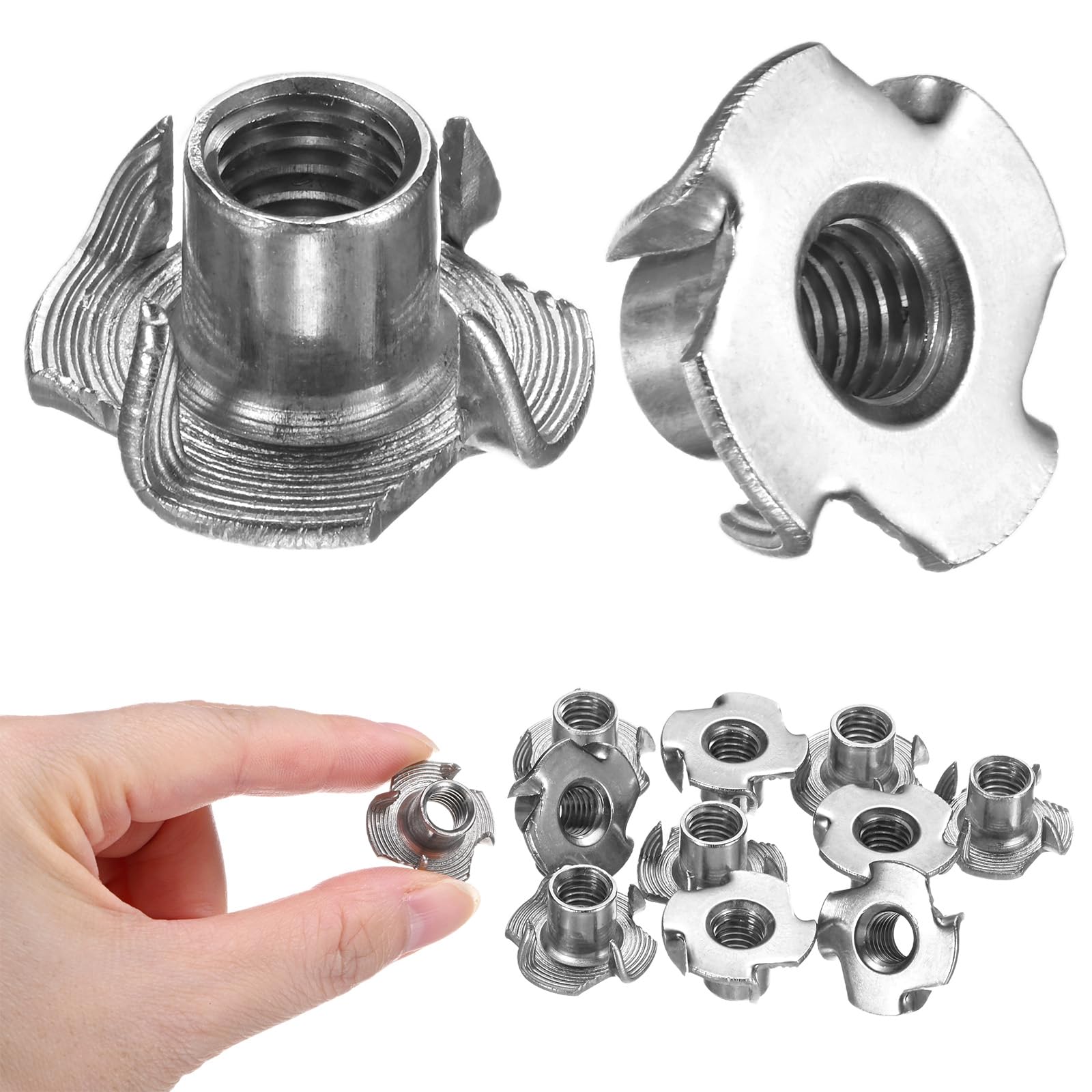 M METERXITY 10-Pack M8x10.7mm T-nut, Stainless Steel 4-Pronged Tee Nut Threaded Insert for Wood/Rock Climbing Holds/Furniture