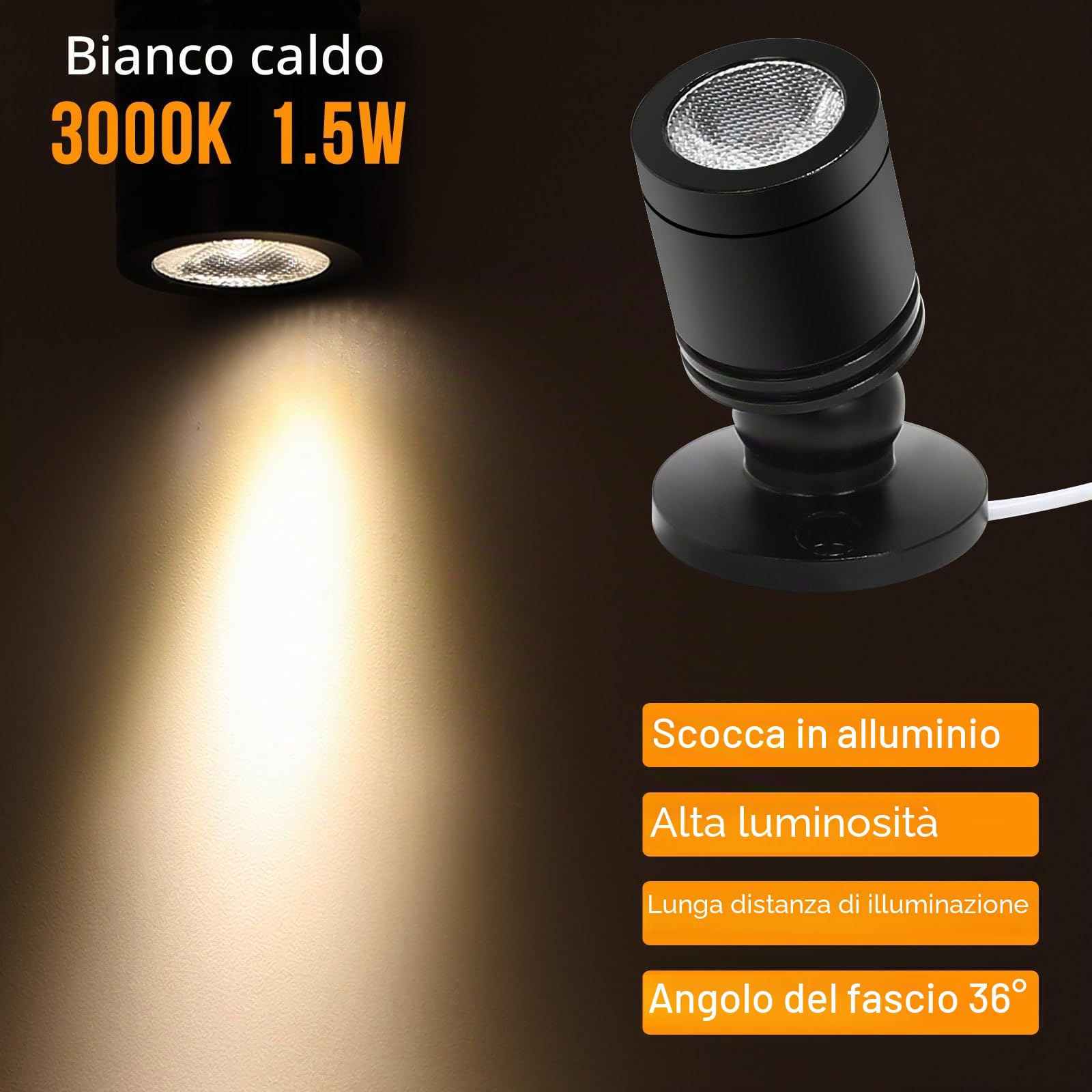 Faretti LED per Interni, Mini Spot Orientabile da 1 W per Mobili, Quadri, Armadi, Corridoi, Gallerie, Negozi, Vetrine per Gioielli - Luci d'Accento