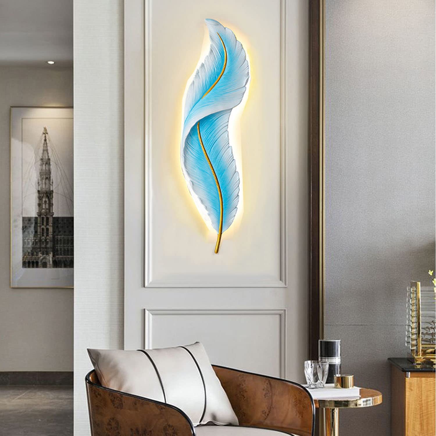 LMYSXAOZ 3D Feather Lights Wall Decor, Glowing Resin Lamp Art Sculpture, 3 Colors Bedside Sconces Lamp, for Bedroom Children's Room Corridor Stairwell,Blue,L
