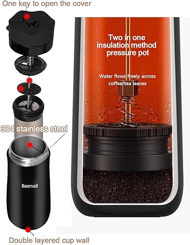 Miniatura 4 de Walktosun Cafetera de viaje de prensa francesa portátil, doble acero inoxidable con aislamiento al vacío, taza de café con filtro de doble