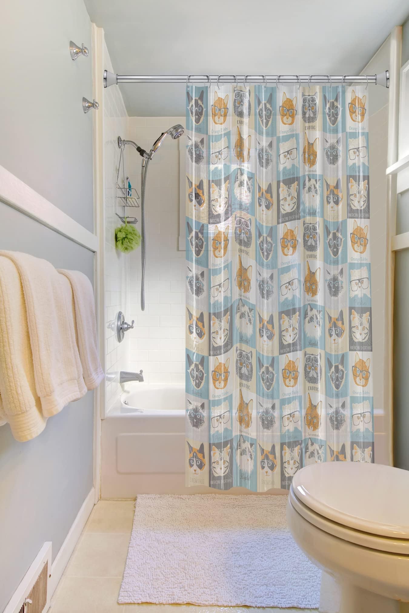 Splash HomeCats & Glasses PEVA 5Gauge Shower Liner, For Bathroom and Bathtub, No Chemical Smell, Waterproof Curtains with 12 Rustproof Metal Grommet Holes 70W x 72H Inch, 70 x 72, Grey