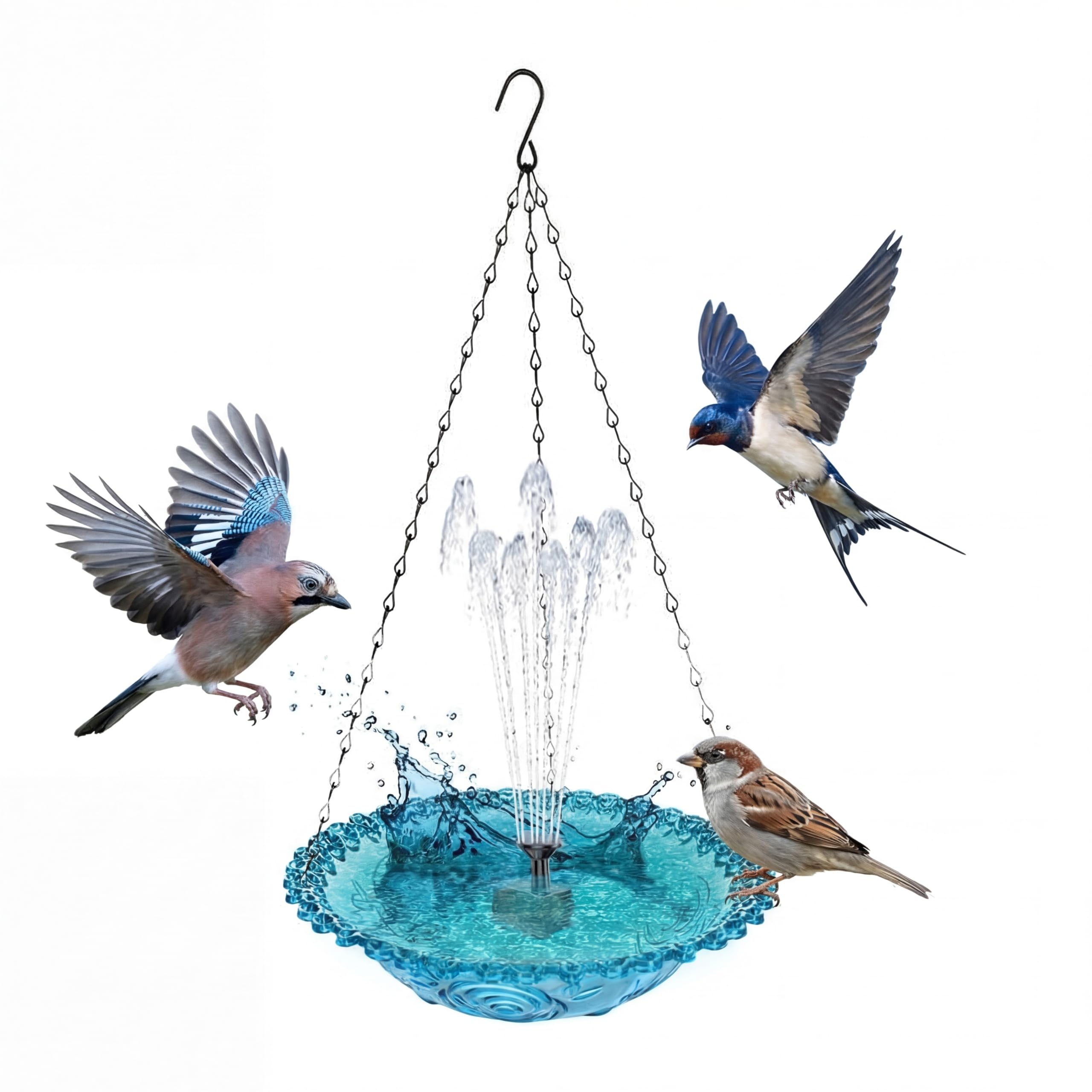 Fuente solar para pájaros con baño colgante azul y cadena para jardín