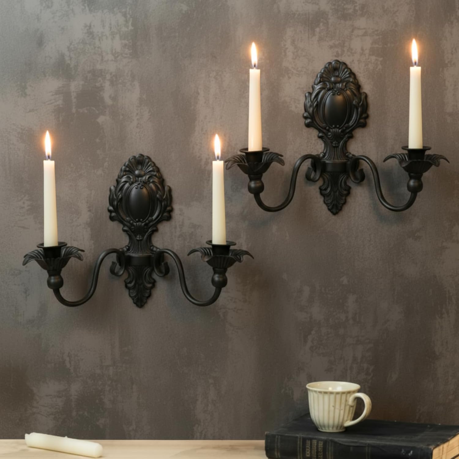 2 Pack Gothic Candle Sconces Metal Wall Mount Candle Holders Black Retro Candelabras Gothic Wall Decor for Living Room Fireplace Wedding Farmhouse Halloween Christmas Decoration