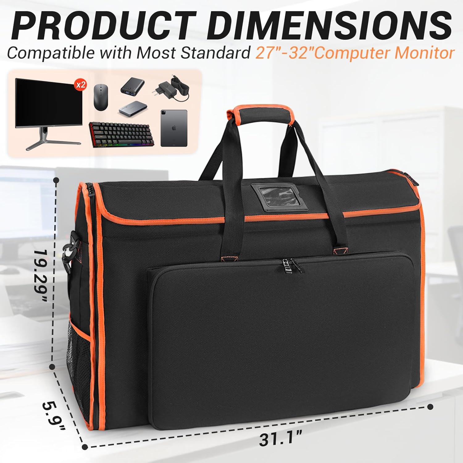 Padded Monitor Carrying Case-12MM Thick Full Wrap,27-32 Inch Computer Screen Bag Hold Up to 2 LCD Screens/TVs,4 Ways to Carry,Multiple Pockets for Keyboard,Mouse,Accessories