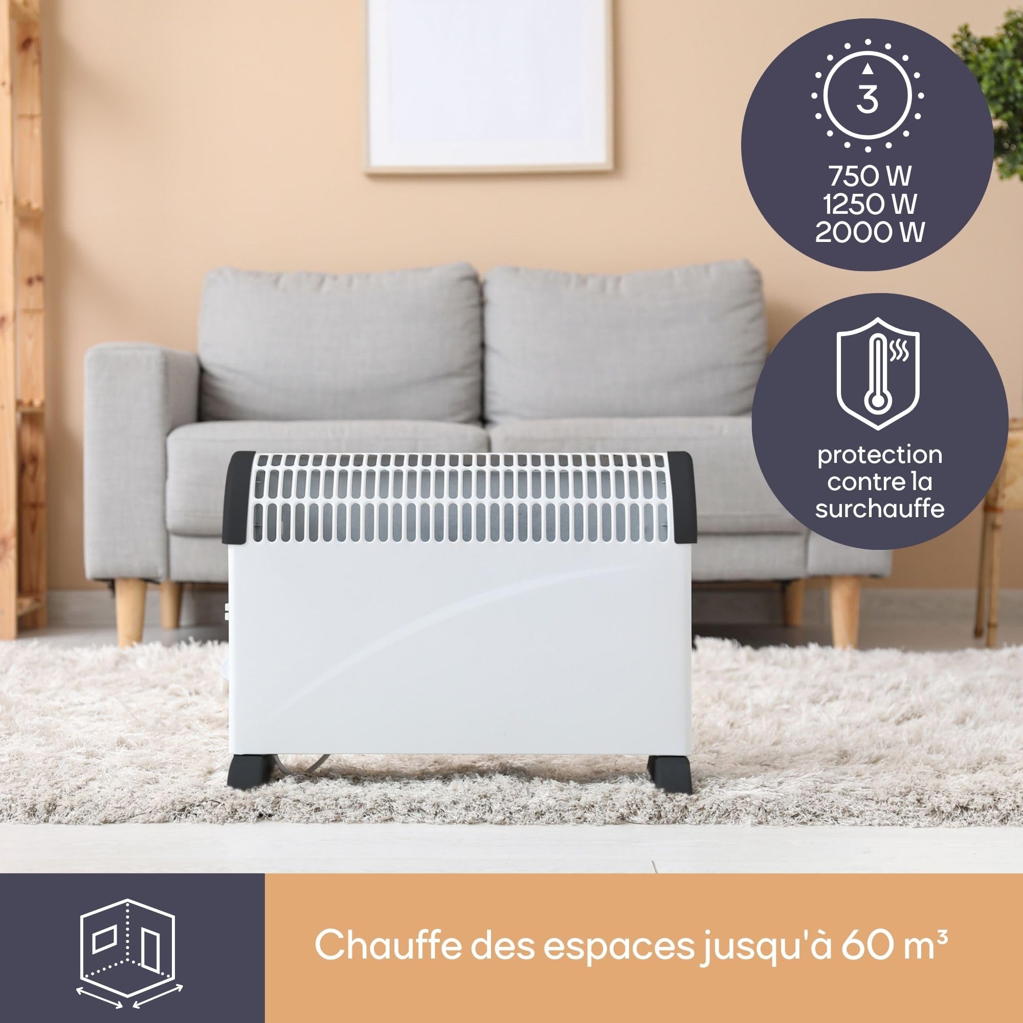 Perel Chauffage convecteur 2000W, convecteur électrique avec 3 niveaux de chaleur, thermostat, IP20 protection contre la surchauffe, portable ou mural pour pièces jusqu’à 60 m³