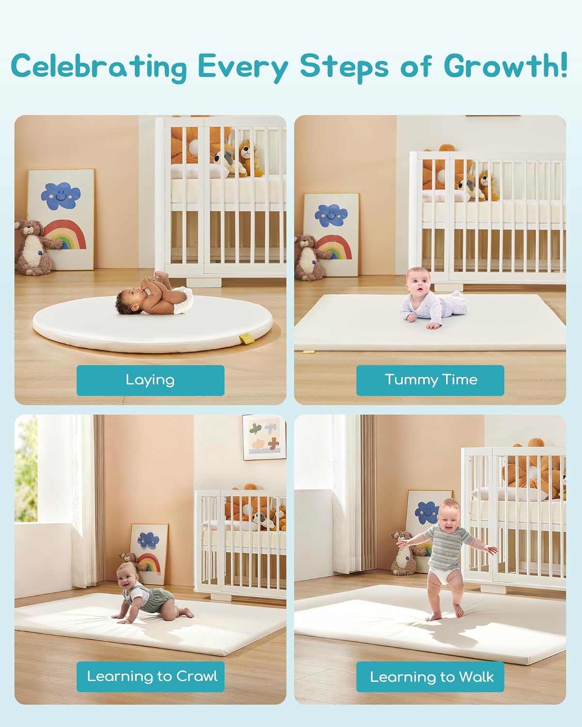 39" Round Baby Mat for Floor, Hypoallergenic Vegan Leather Cover Foam Play Mat for Nursery, Easy to Wipe Clean & Waterproof, Thick Playmat for Infants and Toddlers, 1 Storage Strap Included