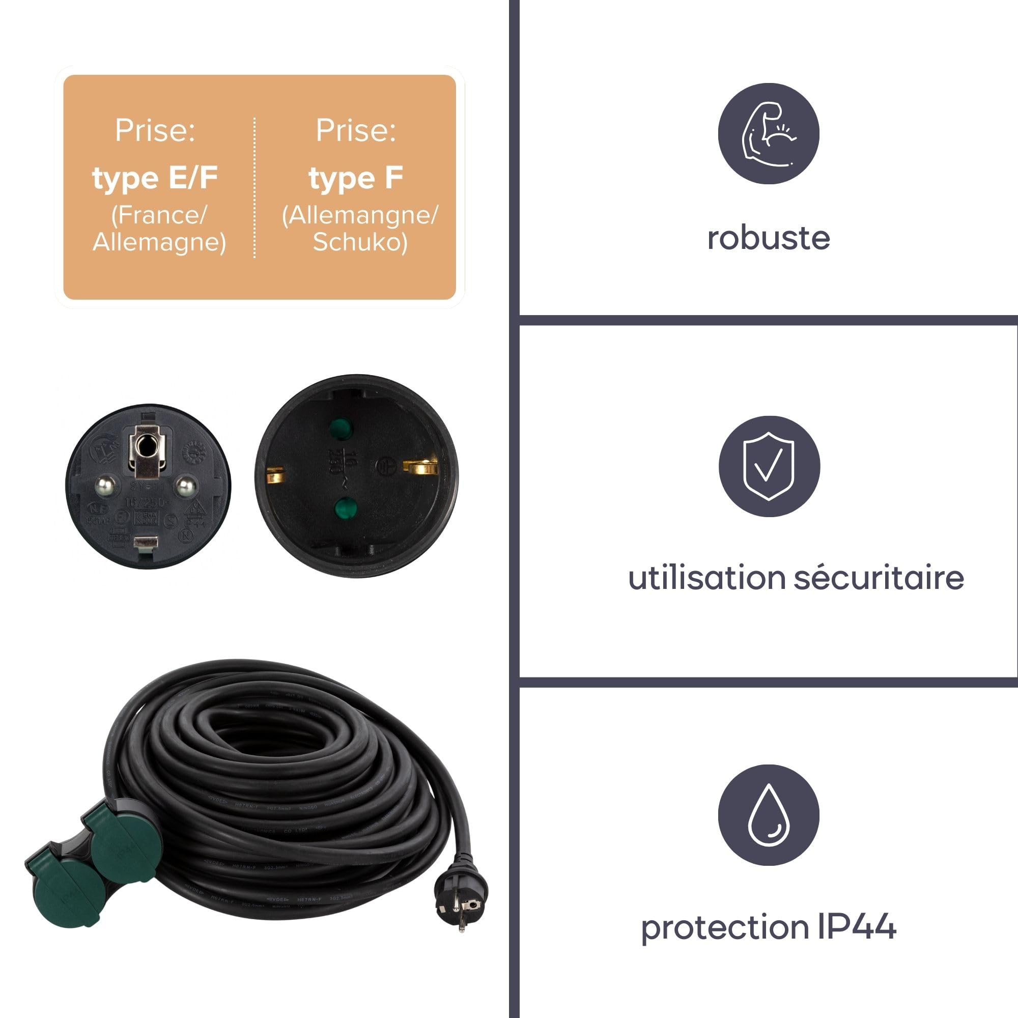 Perel - Rallonge Électrique avec 2 Prises - Usage Extérieur - SCHUKO - 20 M