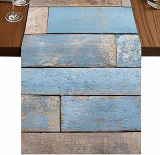 Blue Brown Wood Table Runner 13x60in Farmhouse Vintage Wooden Grain Washable Kitchen Dining Table Decoration for Home Dinner Holiday Wedding Party