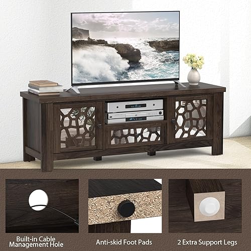 Miniatura 8 de Tangkula Soporte de TV para televisores de 60 pulgadas centro de entretenimiento retro con puertas decorativas de espejo acrílico gabinete de