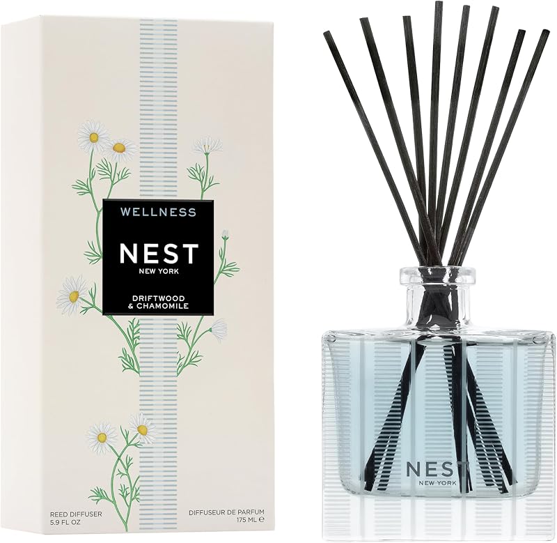 Reed Diffuser, Driftwood & Chamomile - The Wellness Collection - 5.9 fl oz - Fragrance for Up to 90 Days - Reusable, Refillable Glass Holder - Includes 8 All-Natural Reed Sticks