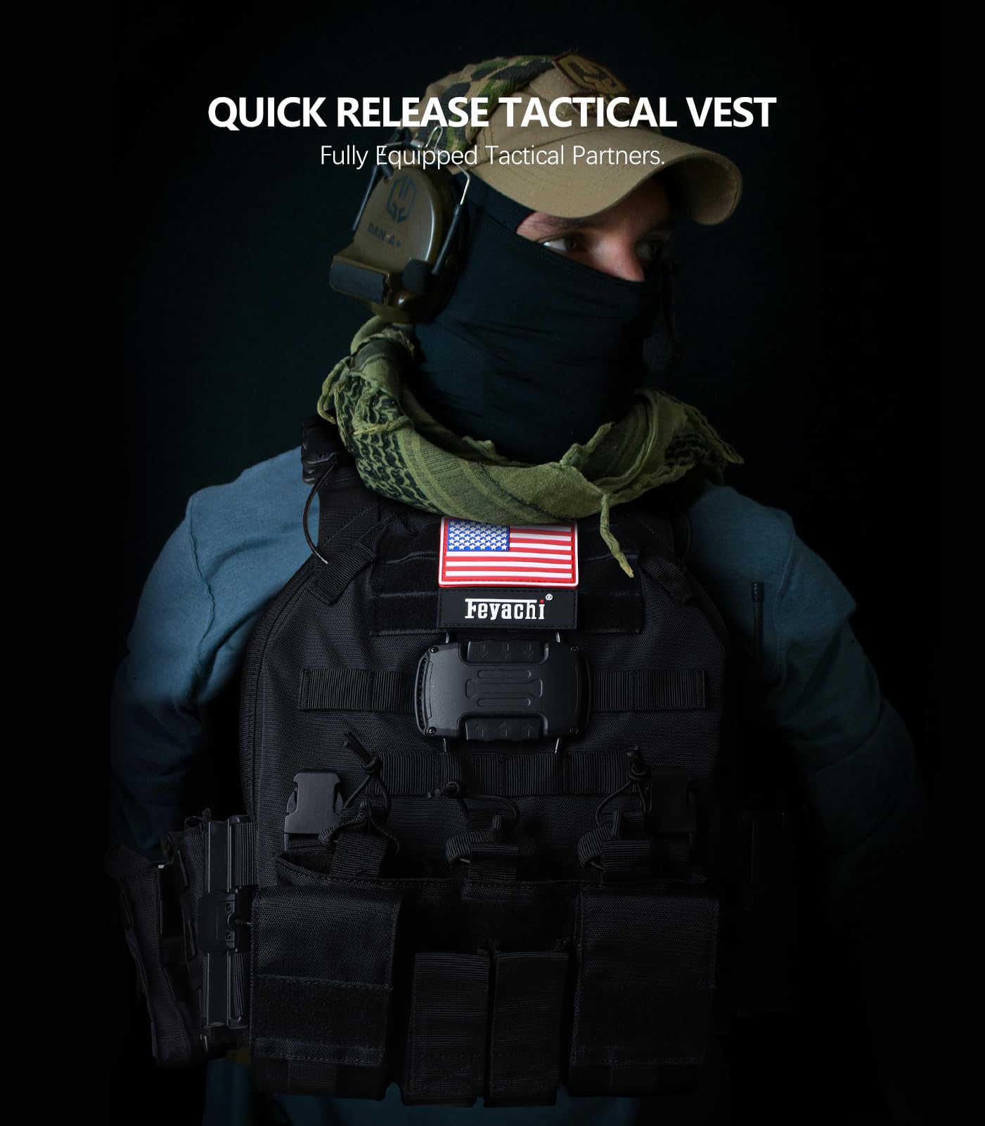 Feyachi Chaleco táctico magnético para airsoft, sistema MOLLO, chaleco táctico multifuncional de liberación rápida, chaleco táctico ajustable de cuerpo completo, chaleco de desmontaje con un solo