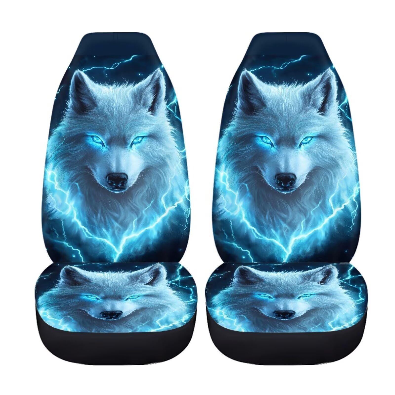 Lot de 4 housses de siège de voiture avant et arrière avec imprimé loup bleu fluo - Accessoires d'intérieur de voiture pour femme