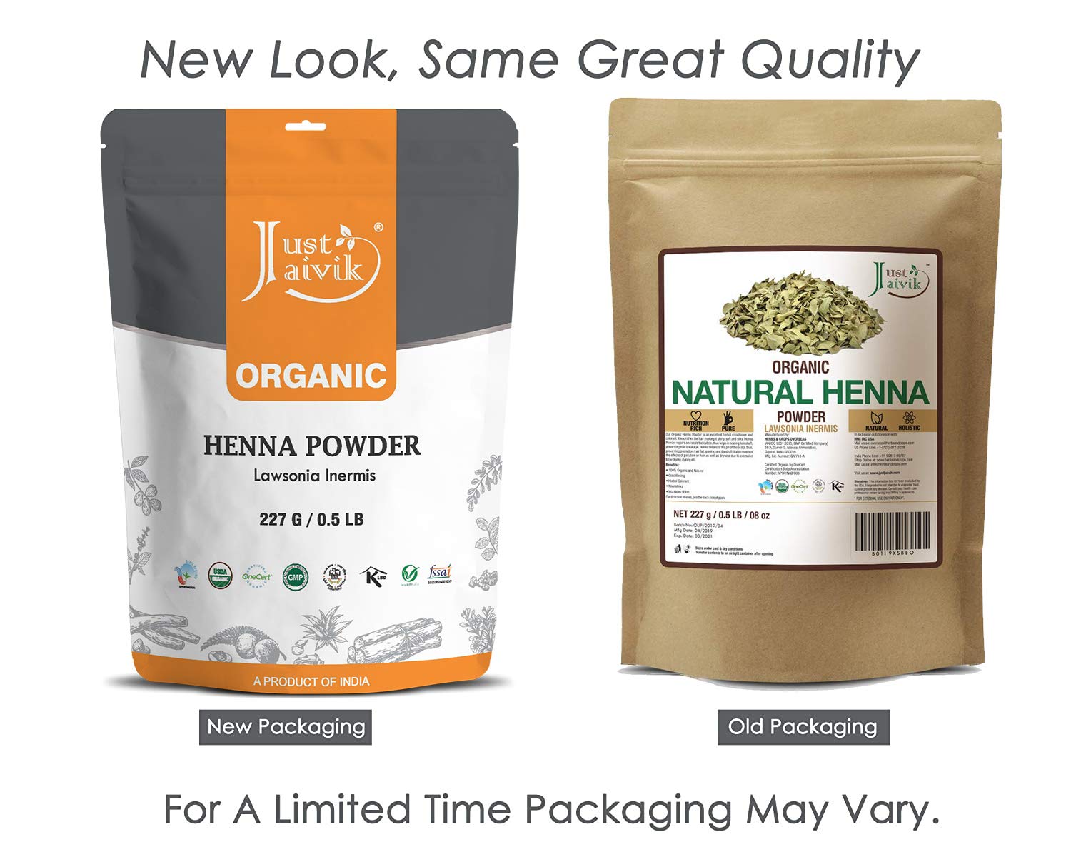Just Jaivik 100 Organic USDA Certified Henna Powder (Lawsonia Inermis