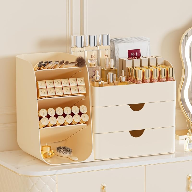 Organizador de maquiagem KQJS para bancada, com divisórias e gavetas, All Cream