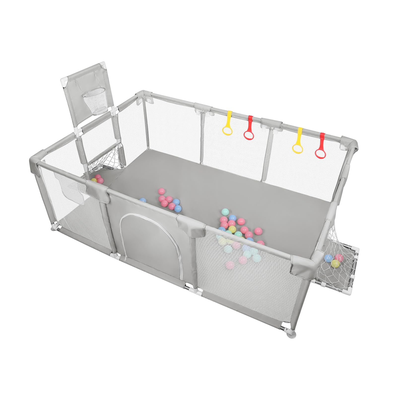 Parque XXL plegable modulable para bebés con barreras / redes / pelota oceánica / 4 asas, Playpen extra grande para bebés y niños pequeños, 180 x 120 x 66 cm, gris claro