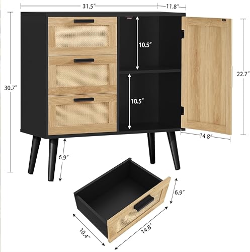 Miniatura 3 de Iwell Armario de almacenamiento con puerta de ratán y 3 cajones, gabinete de ratán con estante ajustable, aparadores buffet con almacenamiento,