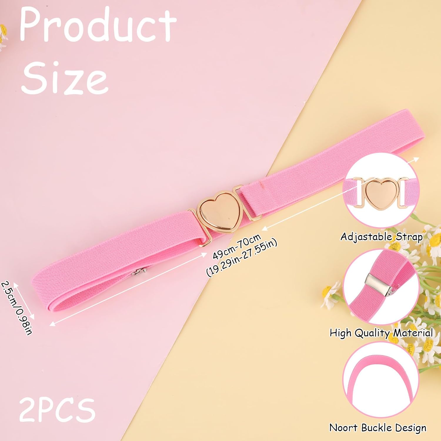 2 Pack Girls Belt for Waist Size 15-30", Kids Elastic Belt Heart-Shaped Metal Buckle Waist Belt for Girls (Blue+Pink) - Image 2