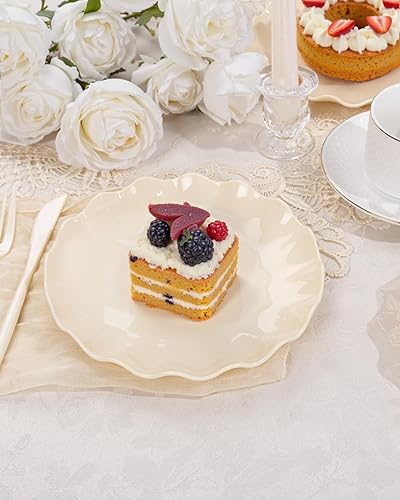 Miniatura 6 de LIYH - 20 platos de plástico beige reutilizables de 7.5 pulgadas, platos de postre de plástico irrompibles, platos festoneados para tartas, bodas,