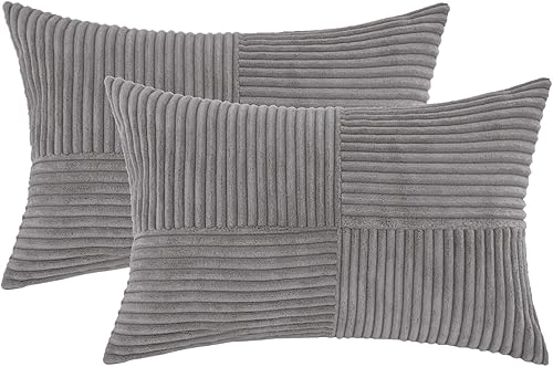 Miniatura 7 de HWY 50 Juego de 2 fundas de cojín decorativas de pana suave con empalme de 18 x 18 pulgadas, fundas de cojín bohemias a rayas para sofá, cama, sala