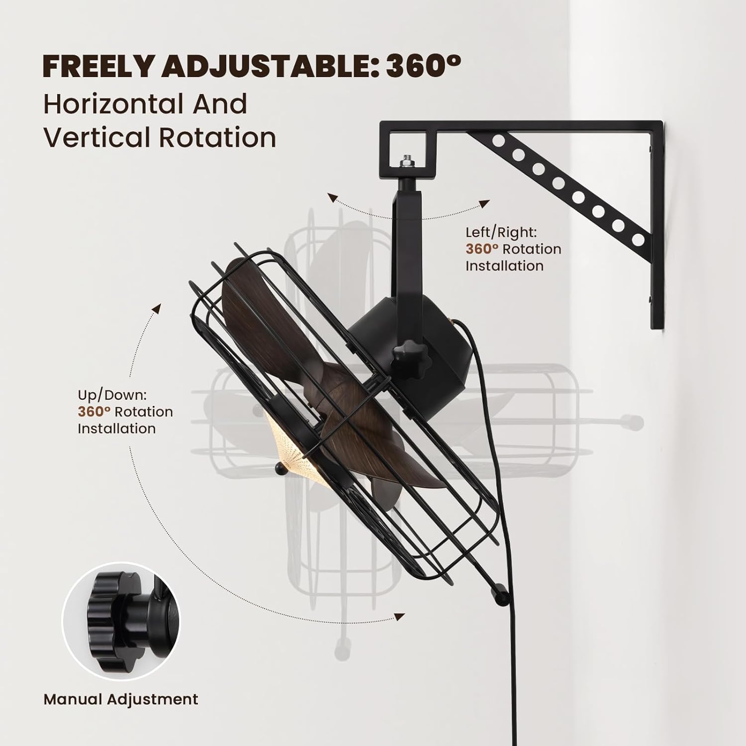 Wall mount fan showing adjustable horizontal and vertical rotation