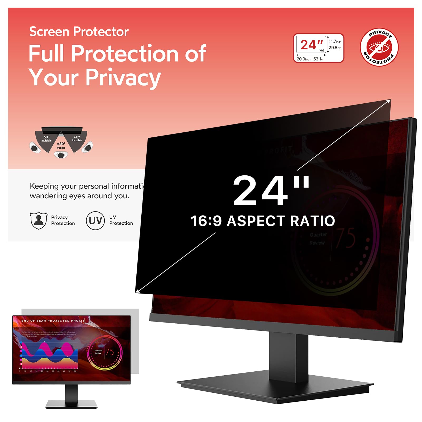 BERSEM Filtro de pantalla de privacidad extraíble de 24 pulgadas para monitor de relación 16:9, antiespía, antirreflejos, antiarañazos, bloqueo UV
