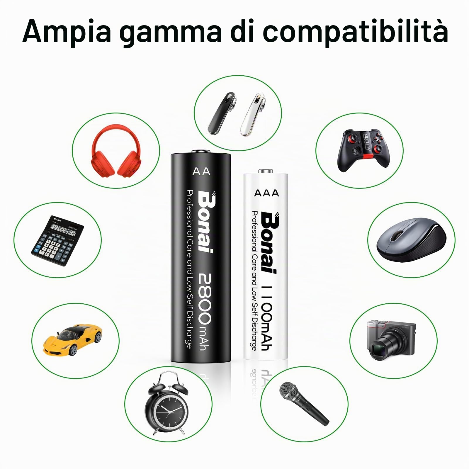 BONAI 24 Pile Ricaricabili Ni-MH Kit Famiglia con 12 AA e 12 AAA Alta Capacità 1.2V 1200 Cicli di Ricarica per Telecomandi Fotocamere Giocattoli e Luci Solari Precaricate