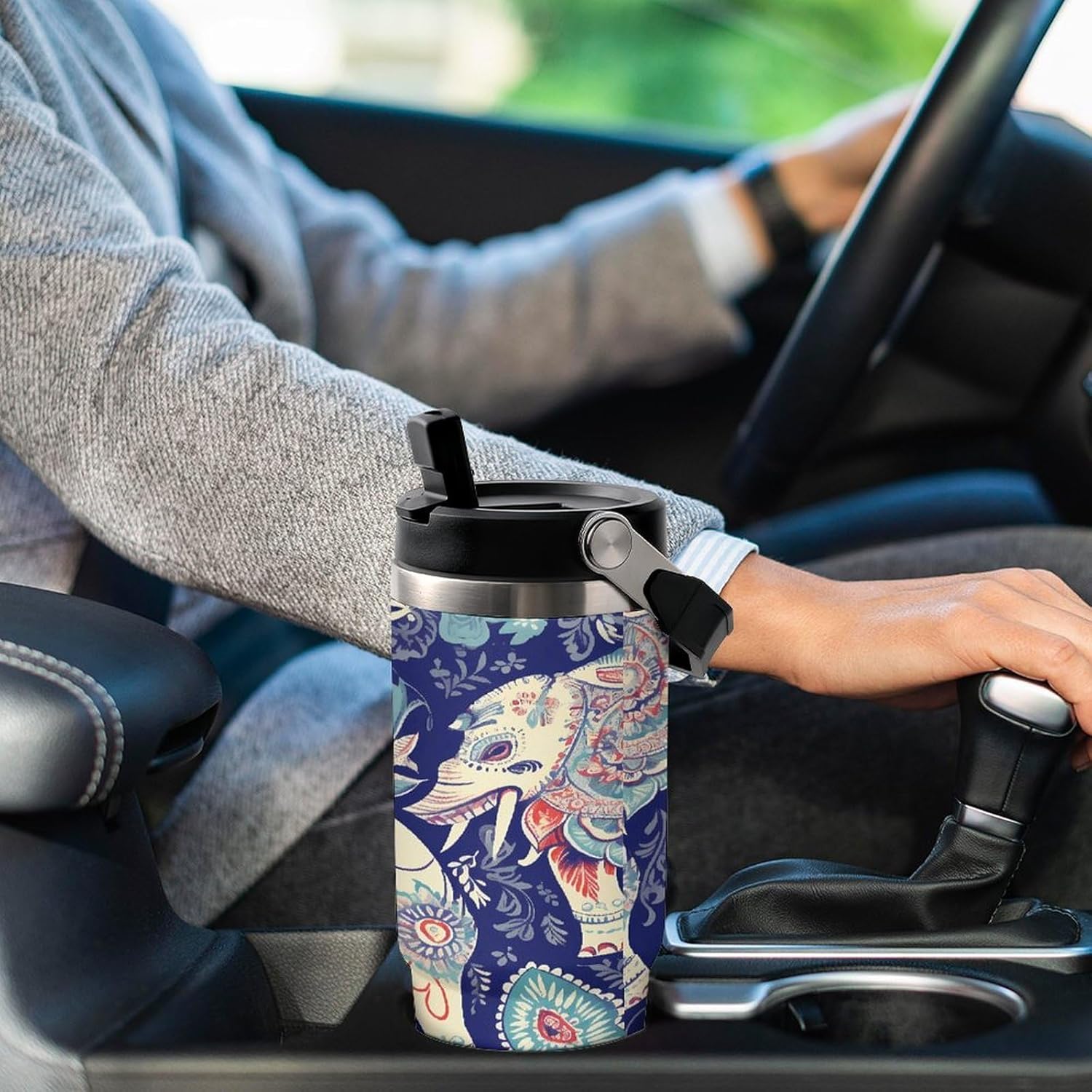 Boho Elephant Water Bottle 30 Oz Fits Car Cup Holder,Insulated Coffee Mug Large Capacity Car Cups,Stainless Steel Double Wall Sport Bottle for Travel Sports Gym