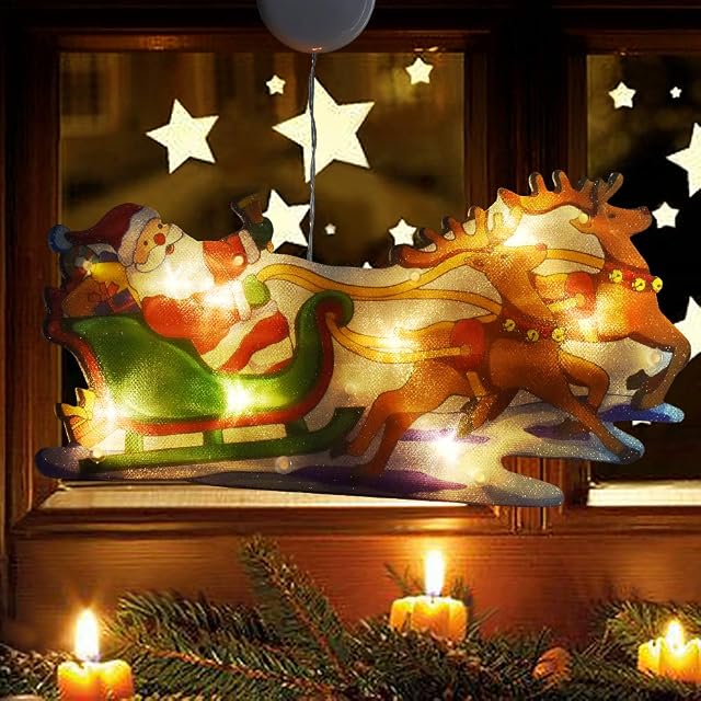 Christmas Decoration Lighted Window, Double Sided Silhouette Lights with Suction Cup Hook 3X AAA Battery Powered Novelty Hanging Lights Window Lights for Christmas Party Home - Santa on Sleigh