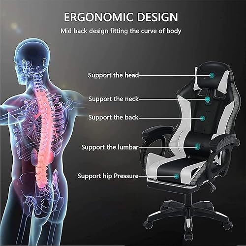 Miniatura 5 de TBQATNTS Silla ergonómica para juegos profesional con soporte lumbar de masaje completo, altavoces Bluetooth, respaldo ajustable, color blanco