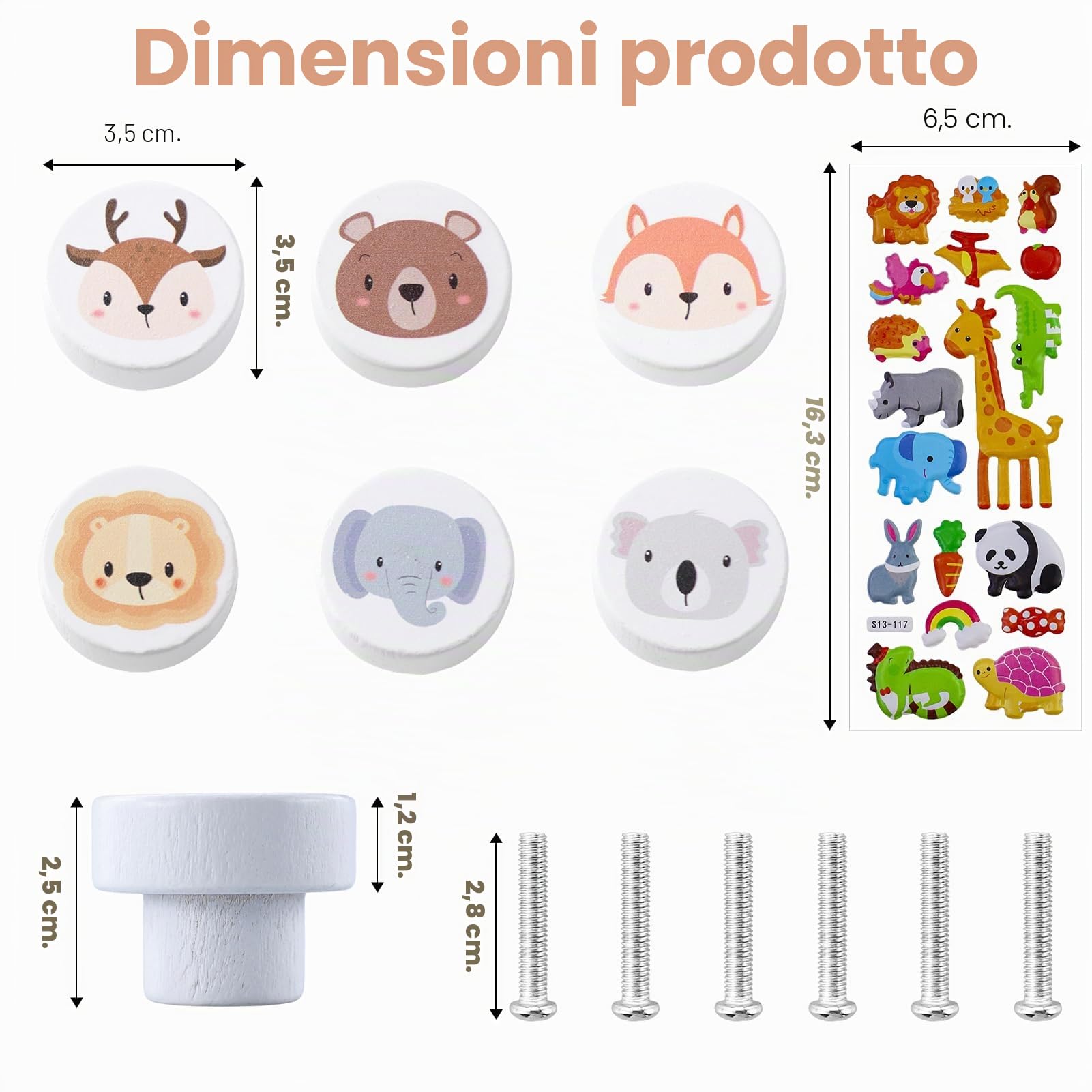 6 Pezzi Pomelli Per Mobili Bambini in Legno, Maniglie Cameretta con Viti, Pomelli Decorativi in Legno per Armadietti con Diversi Motivi di Animali