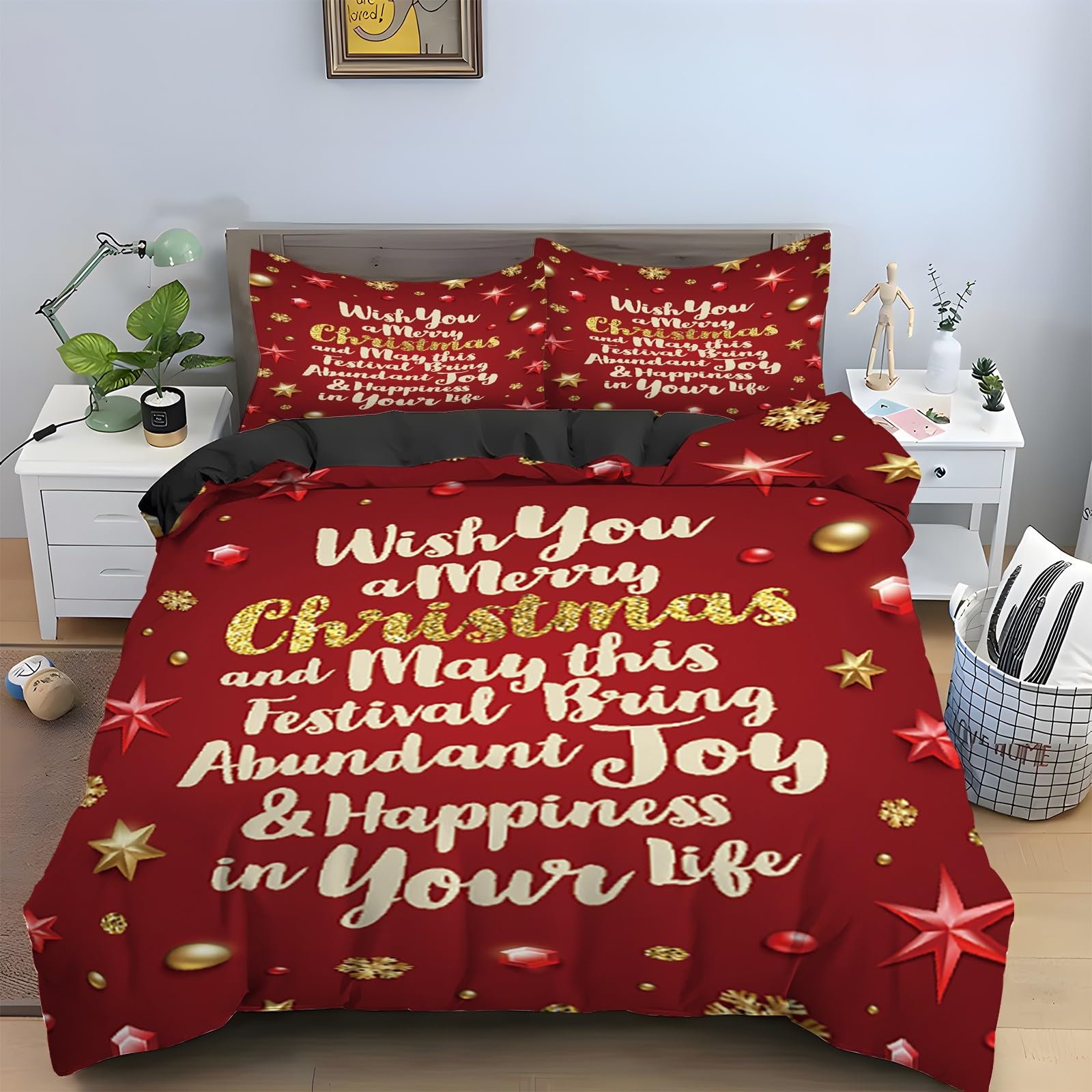Ensemble de literie 3 pièces Noël 90x190 cm avec housse couette microfibre douce et taies d'oreiller