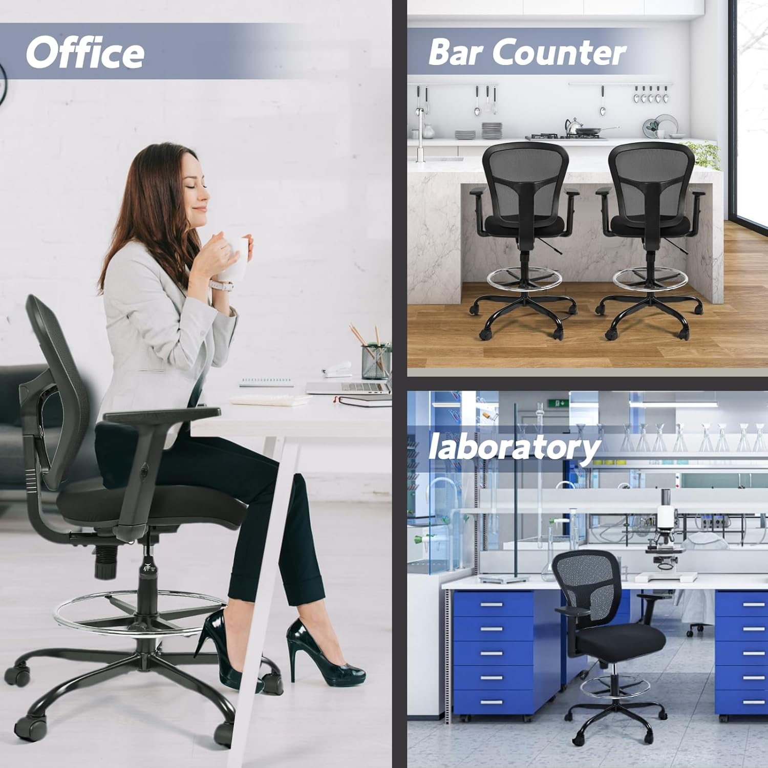 Drafting Chair, Tall Office Chair Ergonomic Standing Desk Chair,Rolling Desk Chair with Adjustable Armrest & Foot Ring,SGS Certified Gas Cylinder,High Rebound Sponge. (Black)