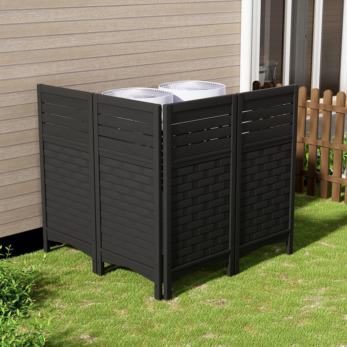 KINYING Air Conditioner Fence Privacy Screen,4 Panels Pool Equipment Trash Can Enclosure Screen for Outdoor,Resin Fence Panels Kit,45" (H) x 22" (W) Per Panel, Black
