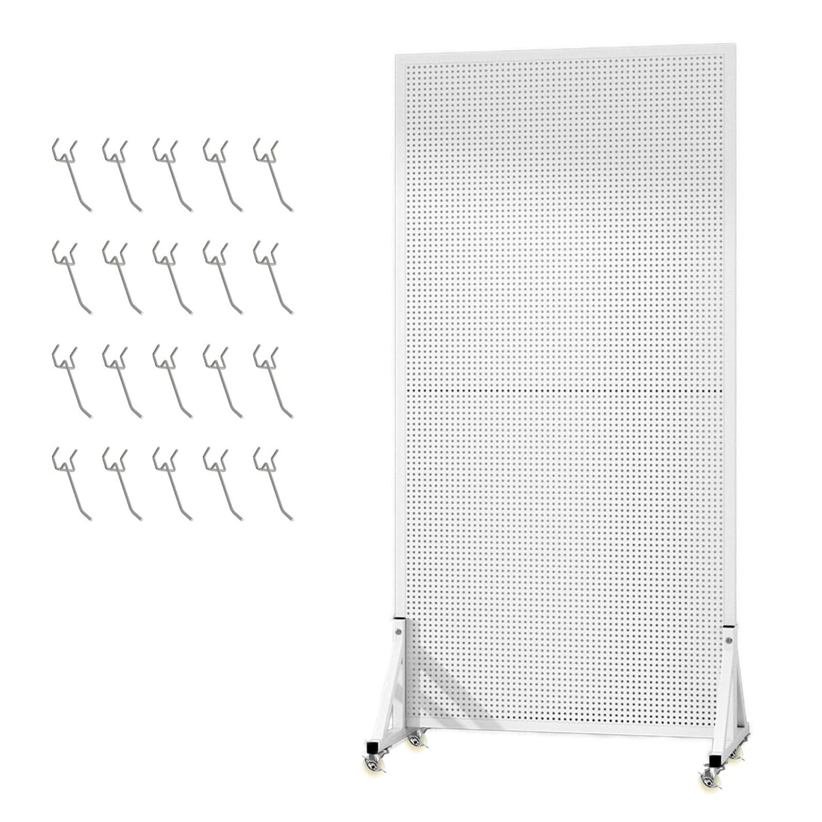 Stehendes Stecktafel-Display mit Lenkrollen und 20 Haken, Pegboard-Displayständer aus Metall, Verdickte Werkzeugwand Platte aus Kaltgewalztem Stahl(White,60x120cm/24x47in)