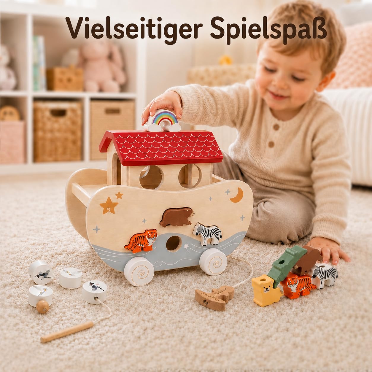 Arca di Noè in legno, giocattolo Montessori e regalo per battesimo | Adorabile regalo per battesimo: l'arca di Noè in legno con 10 coppie di animali, idee di gioco versatili e arcobaleno