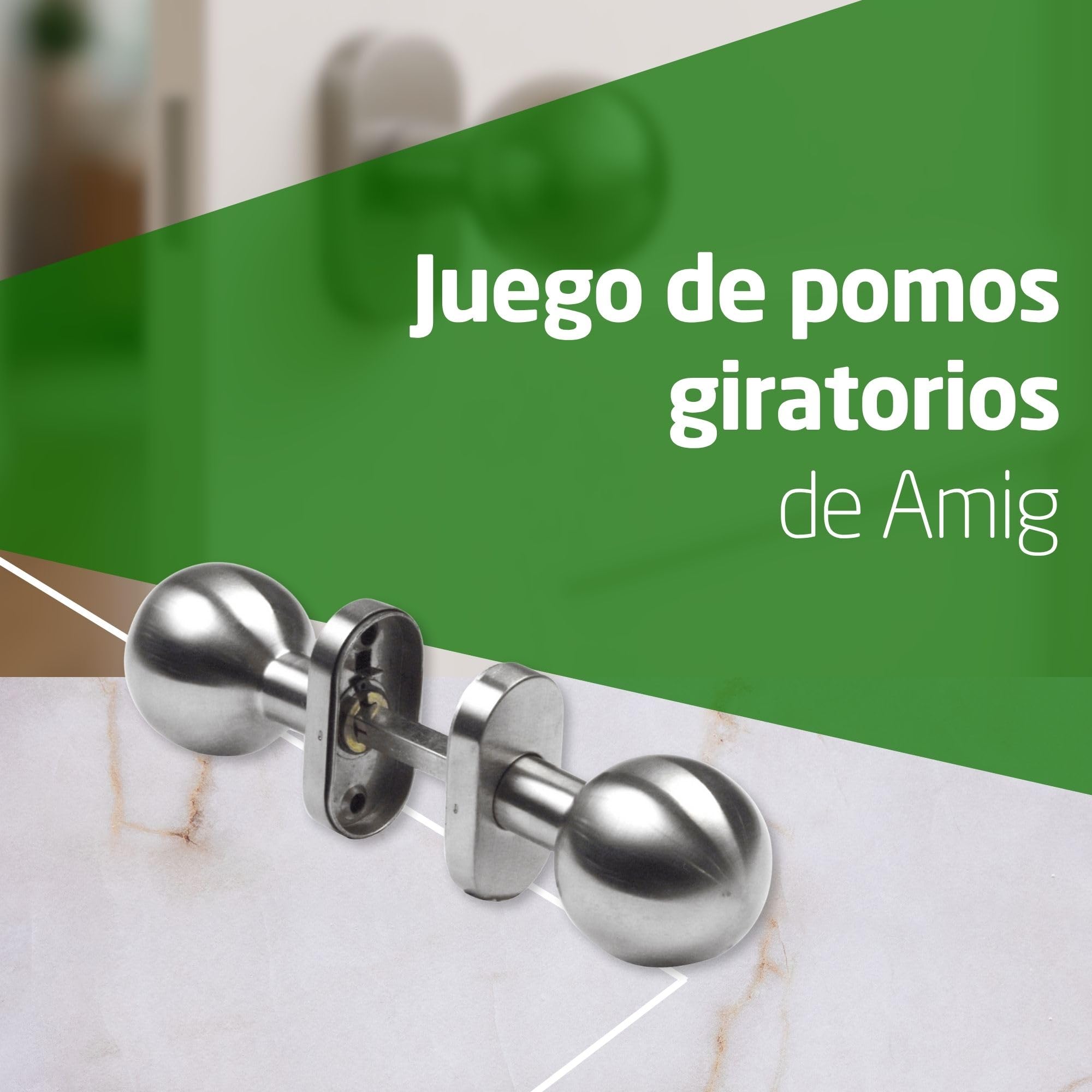 Amig - Juego de Pomos Giratorios para Puertas Mod. 11ALGR - ø50 x 78 mm - Con Embellecedor de Roseta - Agarre Ergonómico - Incluye Tornillos Antirrobo - Sin Muelle - Acero Inoxidable 18/8 Mate