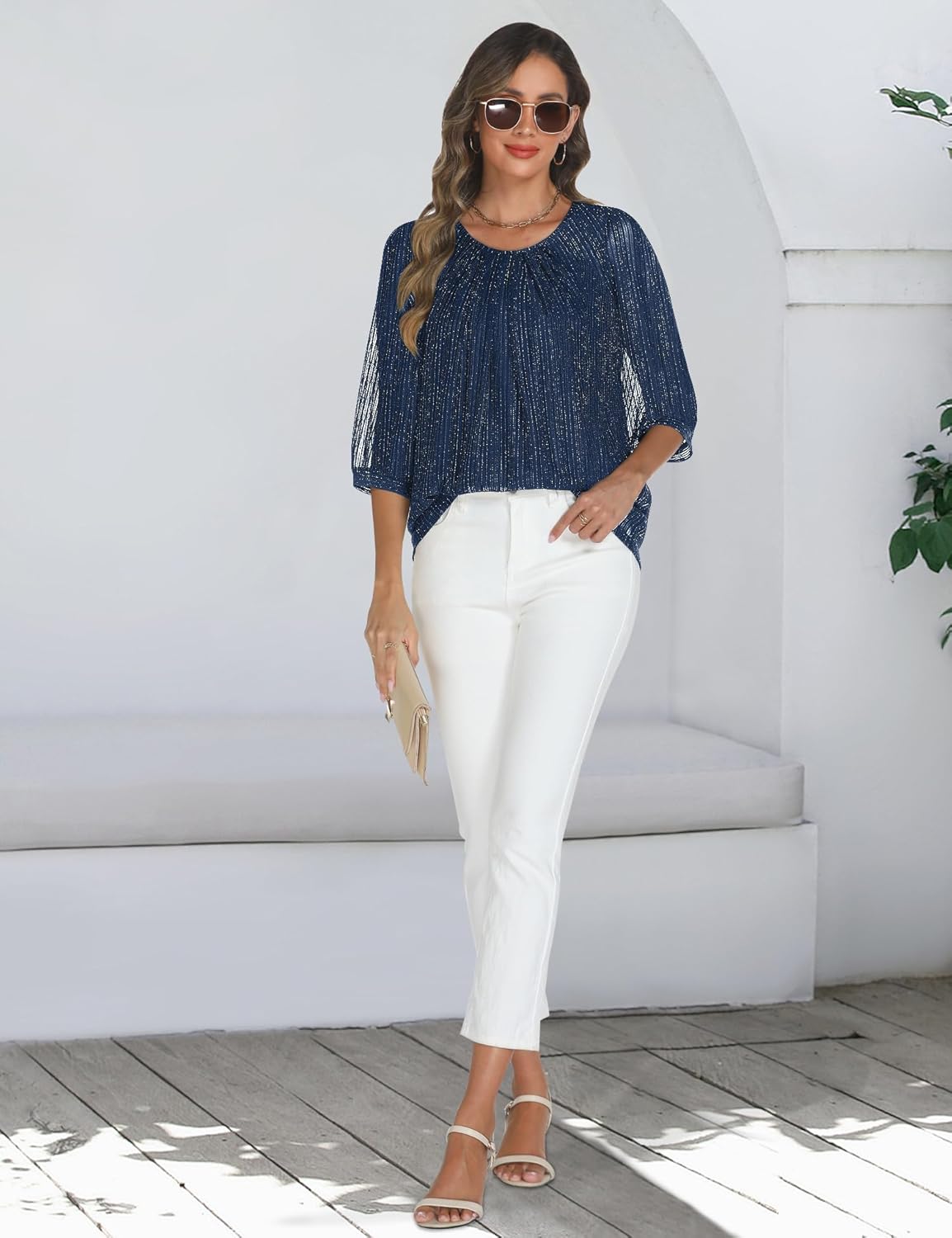 Relipop Womens 3/4 Sleeve Sparkle Top Casual Loose Fit Mesh Pleated Double Layered Tunic Tops - Image 5