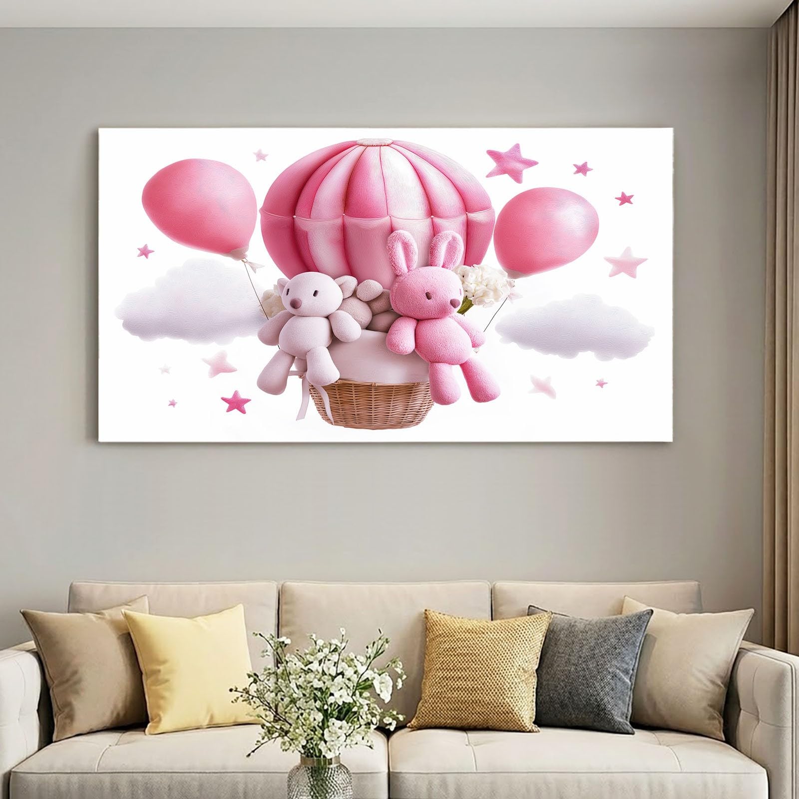 Leinwandbild 90 x 60 cm Wandbild Cartoon - Bild auf Leinwand mit Rosa Heißluftballon Teddybär Stern, Wanddeko für Wohnzimmer, Schlafzimmer, Büro Deko Zimmer