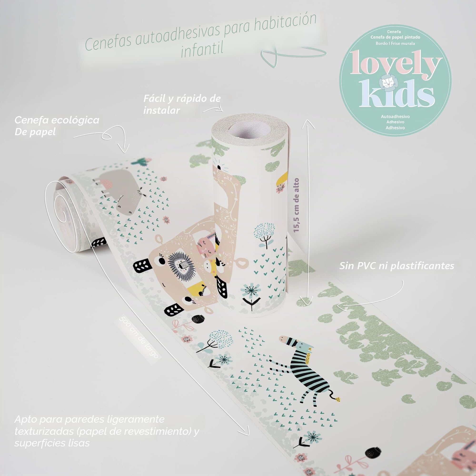 Lovely Kids Cenefas Adhesivas Para Los Niños Safari Friends 5.00 m x 0.155 m De Colores Amarillo Crema Fabricado en Alemania de A.S. Création 403756