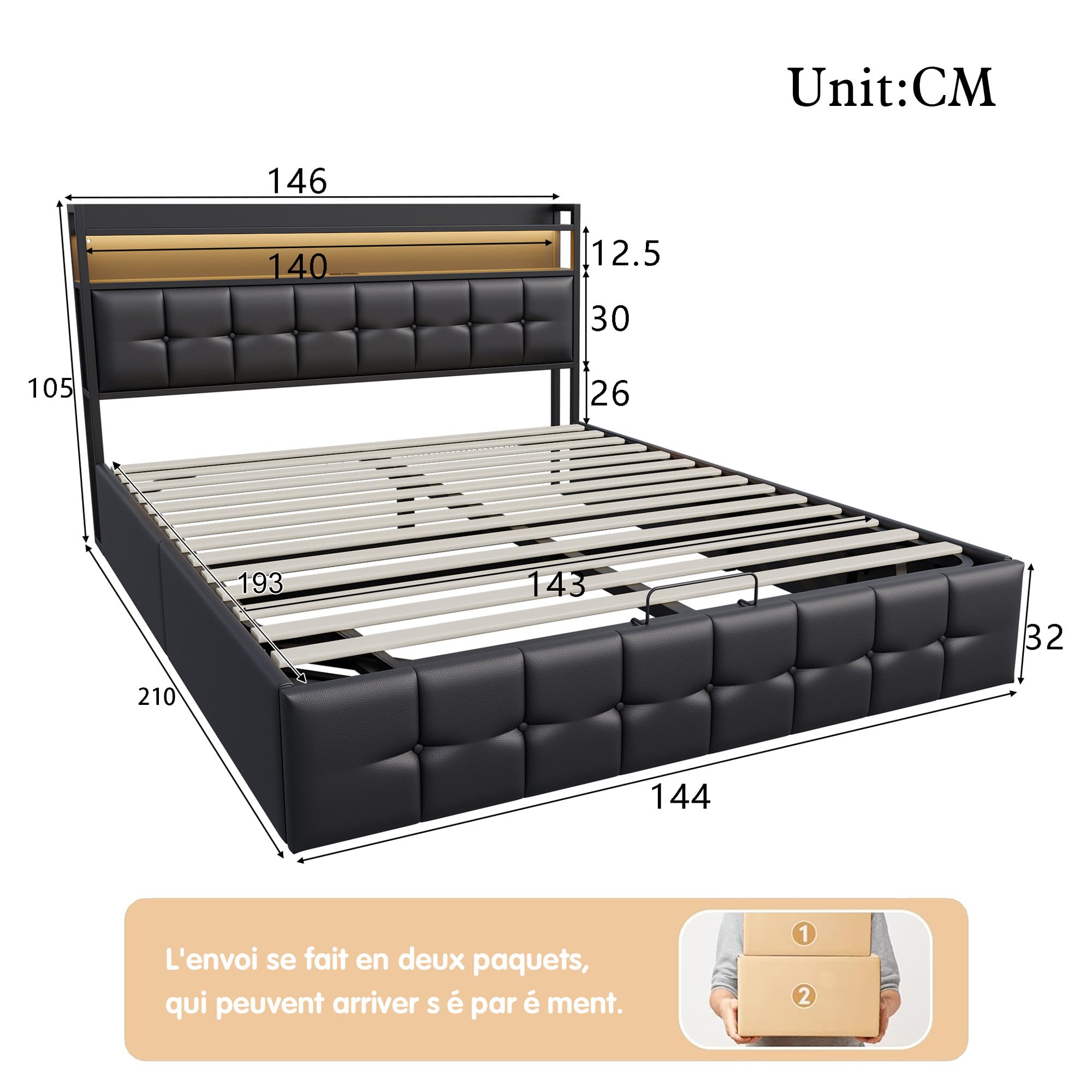 Podwójne łóżko tapicerowane 140 x 190 cm, podwójne łóżko z schowkiem, funkcjonalne łóżko z zagłówkiem, kufer ze światłami LED i portem USB, zagłówek z półką do przechowywania, czarny PU
