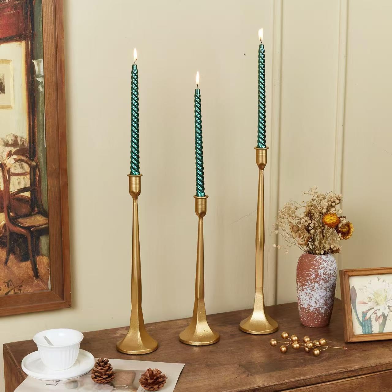 Iron Taper Candle Holder Set of 3 15.5" 14" 12" Decorative Modern Vintage Metal Tall Candlestick Holders for Wedding, Dinning Table,Mantle, Party Decoration(3, Antique Brass) - Image 3