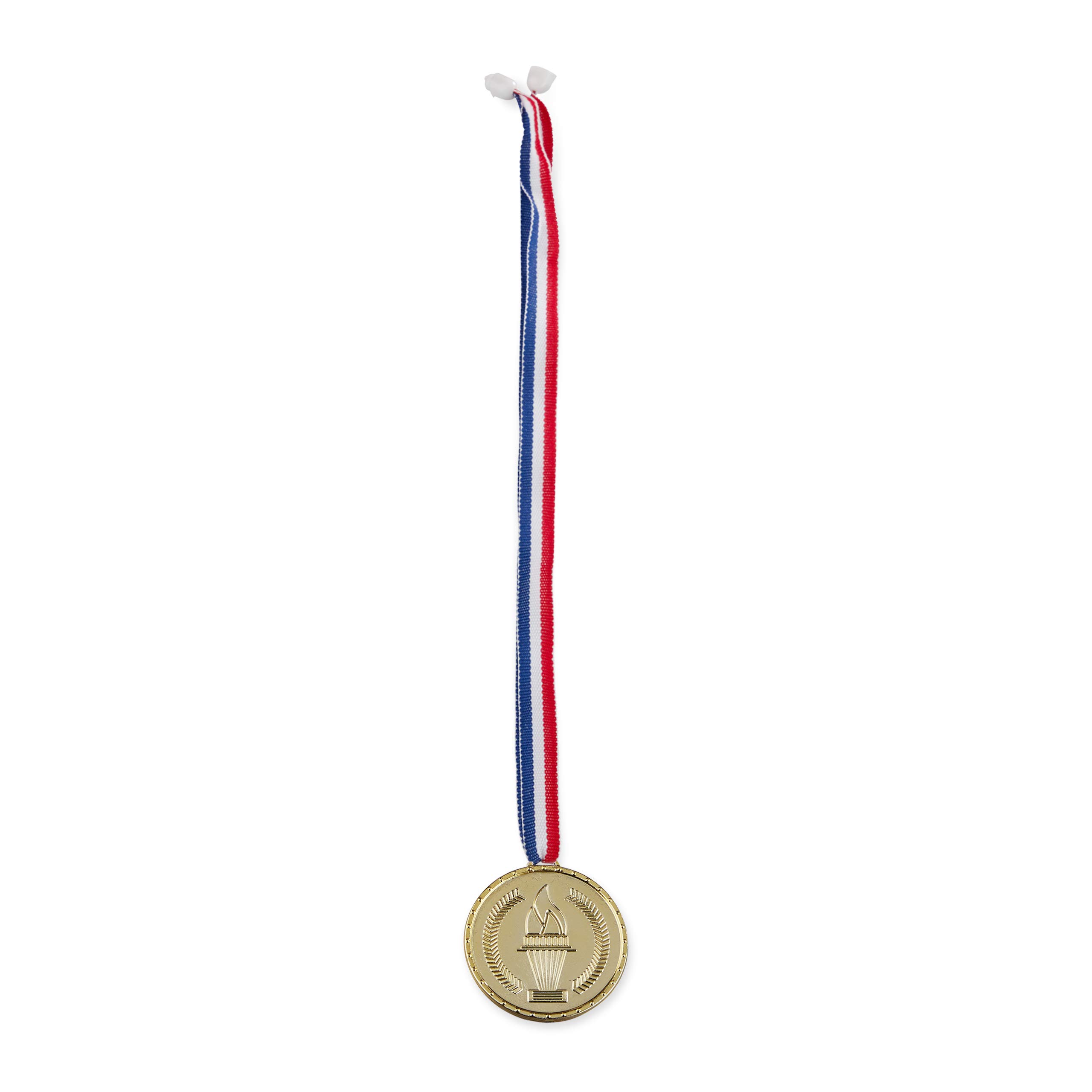Relaxdays Złoty medal dla dzieci, zestaw 12 sztuk, wstążka, pochodnia, wyróżnienie za nagrodę za zdobywcę, zestaw medali, 5 cm Ø, plastik, złoty