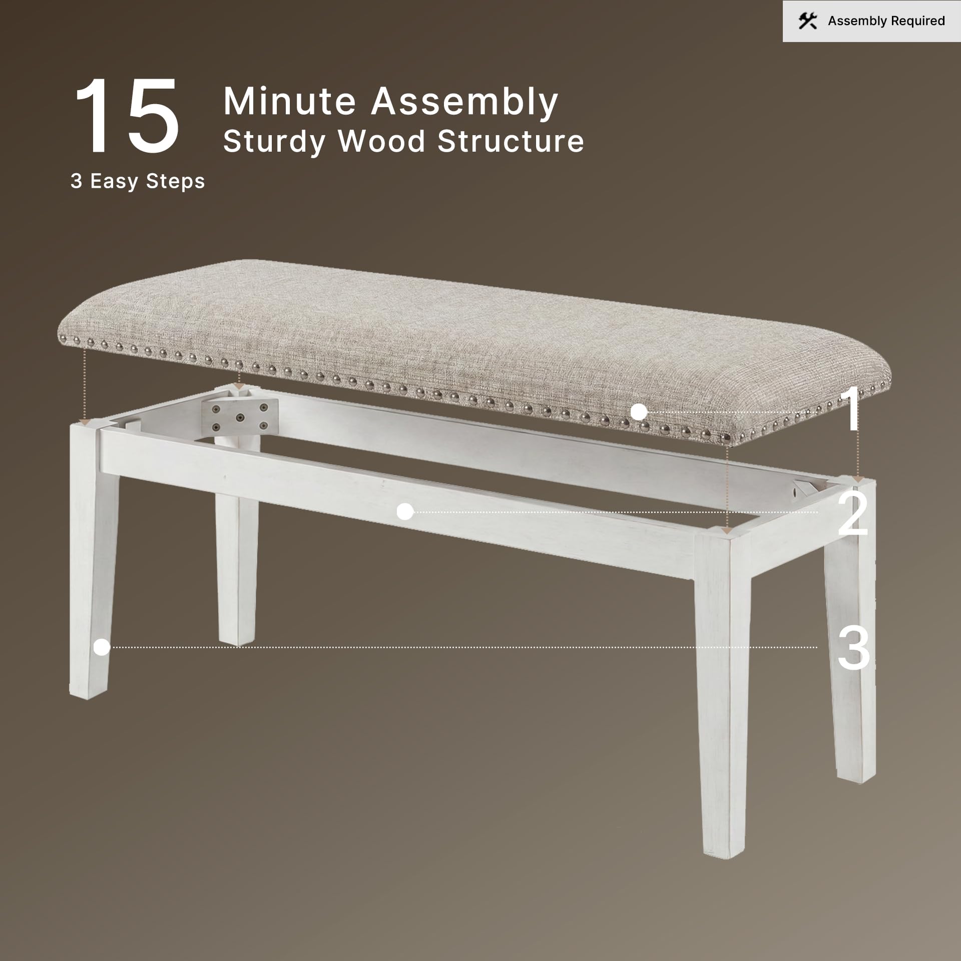 Signature Design by Ashley 48" Upholstered Dining Bench, Antique White | Solid wood frame with textured grain, Light gray polyester upholstered seat with nailhead trim, Seats 2, Robbinsdale